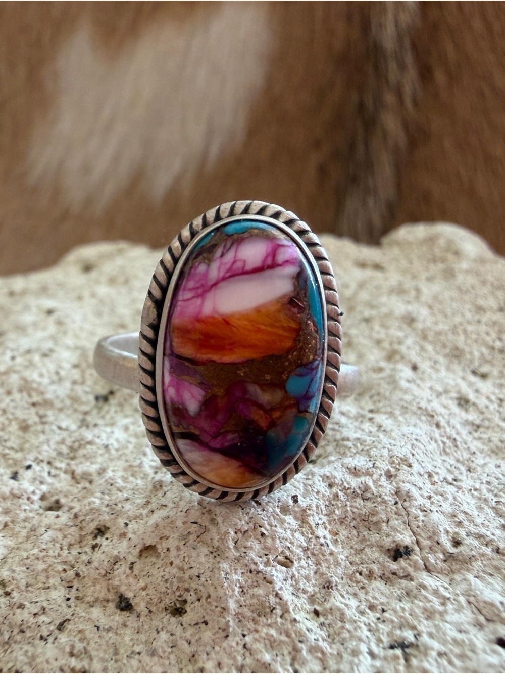 ❤️ Pink Spiny Oyster Dahlia Kingman Turquoise Sterling Silver Adjustable Ring